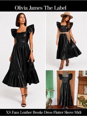 Olivia James Brooke Faux Leather Flutter Sleeve Tiered Midi Dress XS💛